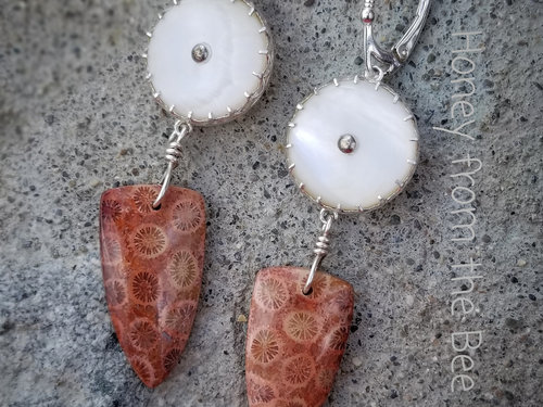 Red fossilized coral agate earrings