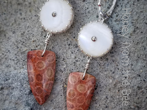 Red agatized fossil coral earrings