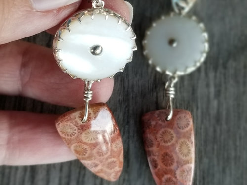 Vintage mother of pearl buttons with red gemstone earrings