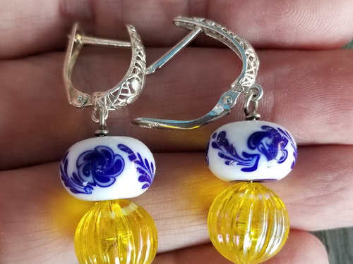Blue white and yellow earrings