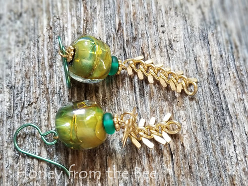 Green and gold boho earrings