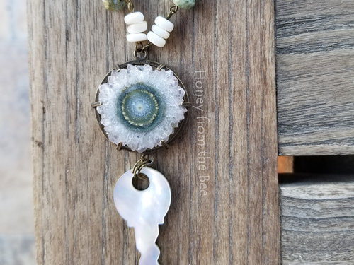 Jasper and Mother of Pearl necklace features vintage key with mother of pearl