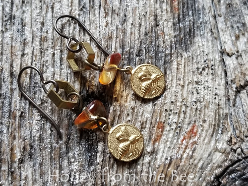 Honeycomb cell and bee earrings