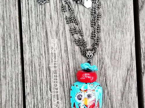 Tunic length red and turquoise necklace