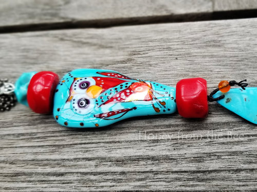 Turquoise and red owl lampwork necklace