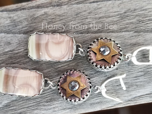 Antique mother of pearl button earrings with imperial jasper in mauve and cream