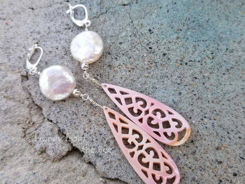 Coin pearl and carved shell earrings