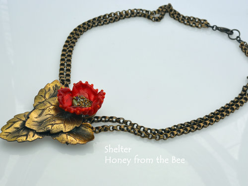 Vintage brass and red poppy lampwork necklace