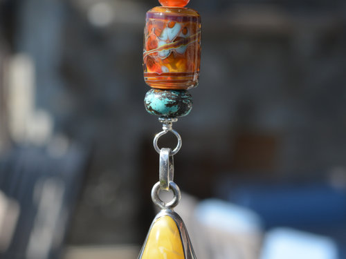 Turquoise, Carnelian, Amber, and Lampwork Pendant