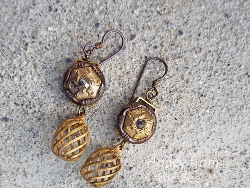 Antique brass and steelcut button earrings