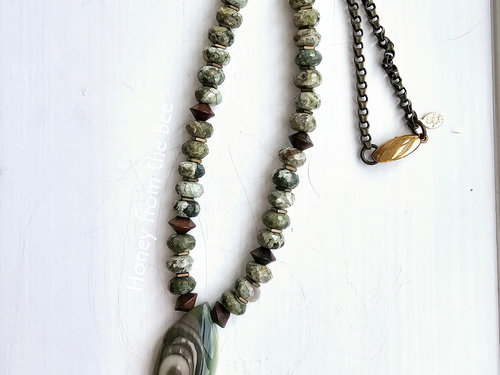 Green and brown necklace features Imperial Jasper and Rainforest Jasper