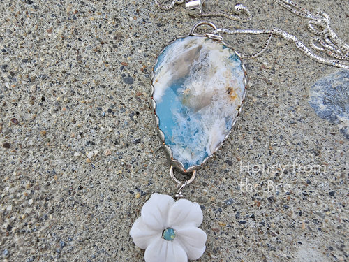 Plume Agate pendant in white and aqua