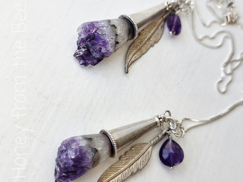 Feather pendant with amethyst crystal and drop