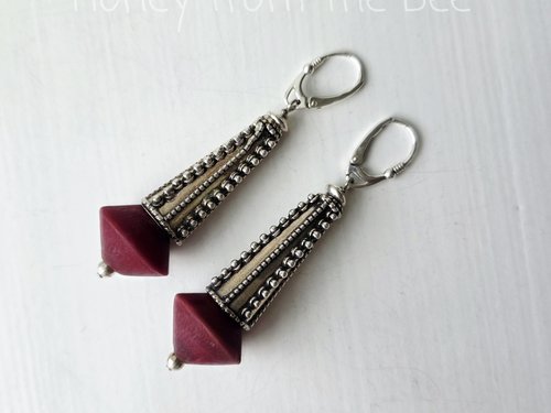 Dark red and silver earrings