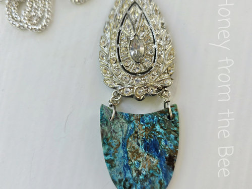 Blue Chrysocolla pendant with rhinestones