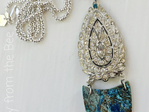 Upcycled rhinestone pendant with chrysocolla