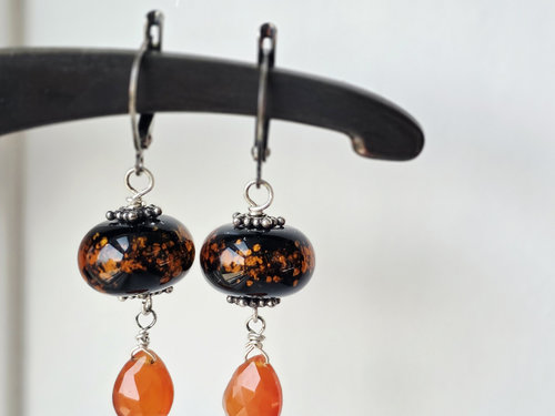 Carnelian earrings with black and orange lampwork