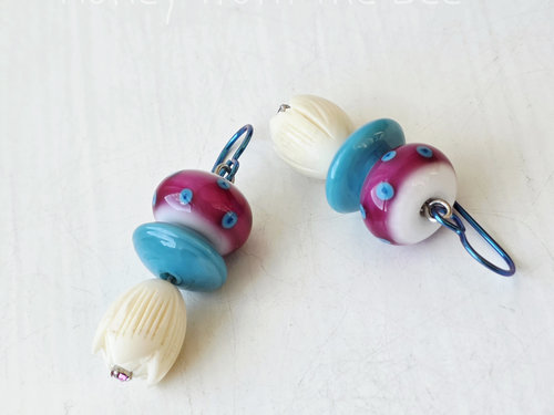 Artisan glass earrings in turquoise and pink