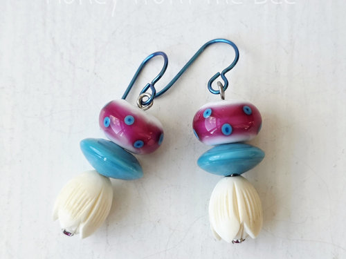 Lampwork earrings in turquoise, hot pink and white