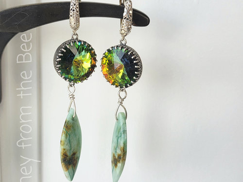 Chrysocolla earrings with crystal focal