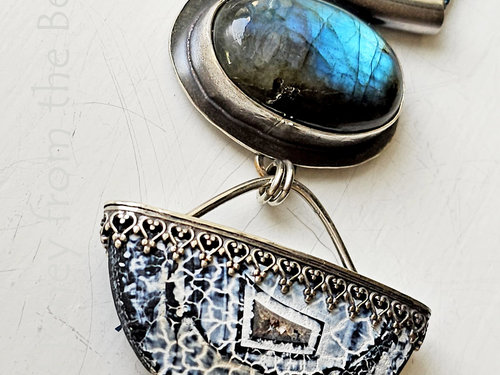 Oval labradorite cab set in sterling silver with swinging acid etched agate cabochon