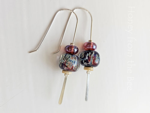 Sterling silver earrings with gorgeous lampwork in cranberry and blue