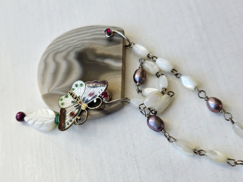 Enamel butterfly necklace with mother of pearl and pearls