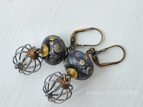 Lampwork earrings in black and yellow with vintage findings