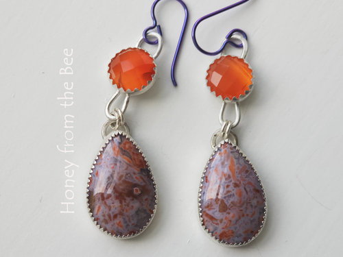 Confetti Agate teardrop below Carnelian earrings