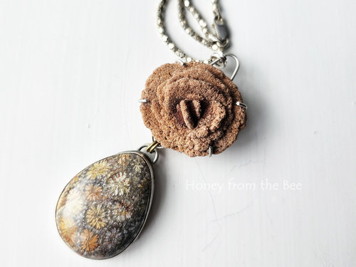 Fossilized Coral Agate pendant in grey and orange