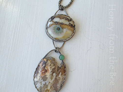 Art necklace featuring Regency Plume Agate and Chrysoprase