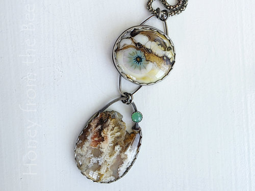 Art necklace in cream, brown and green featuring art glass, Regency Plume Agate and chrysoprase