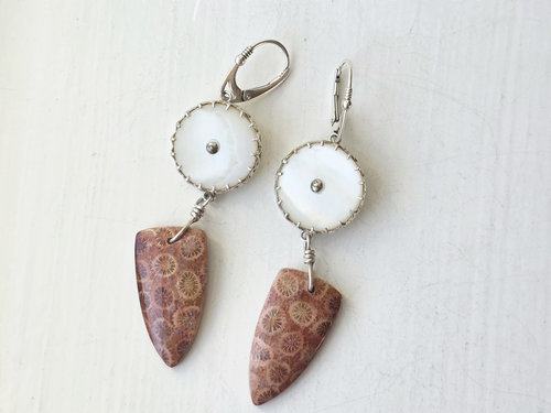 Fossilized Coral Agate earrings with antique MOP button