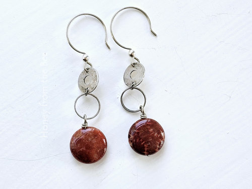Red fossilized coral agate earrings with silver