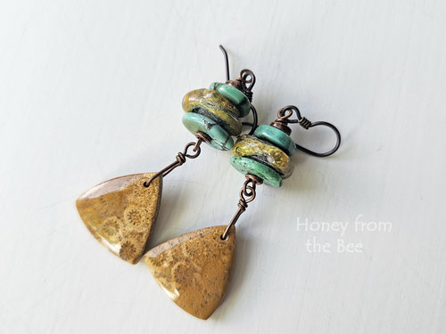 Coral Agate with turquoise and lampwork - earrings for every day