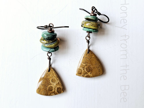 Turquoise earrings with lampwork and coral agate dangles