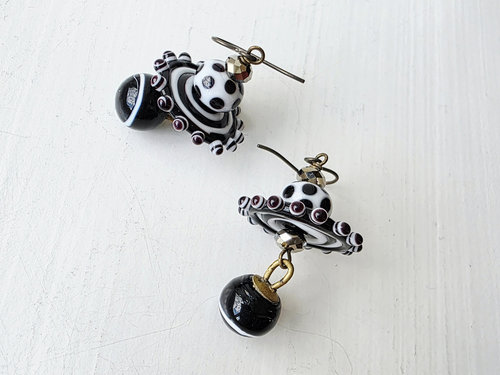 Lampwork earrings in black and white with crystals and antique buttons