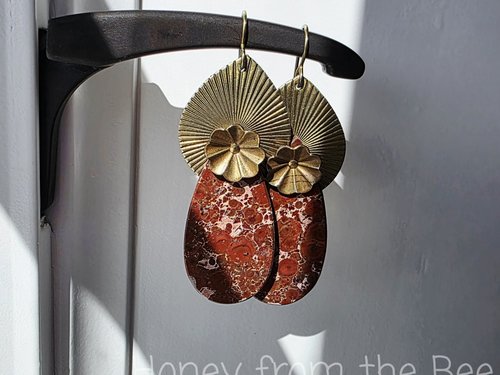 Floral earrings feature Bird's Eye Jasper and vintage brass in red, pink and gold