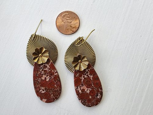 Vintage brass and Bird's Eye Jasper earrings in red and gold