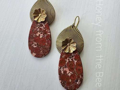 Artisan earrings feature Bird's Eye jasper and vintage brass in floral design