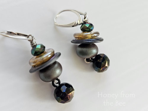 Dark color lampwork earrings with antique button dangle