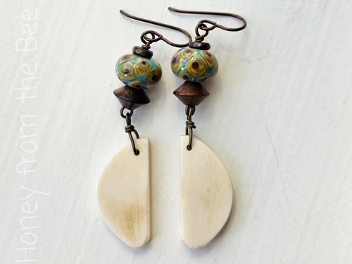 Lampwork earrings in teal, cream and brown