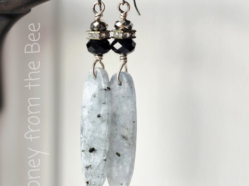Crystal earrings with long blue kyanite dangle