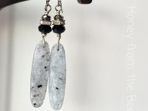 Evening artisan earrings in pale blue and black