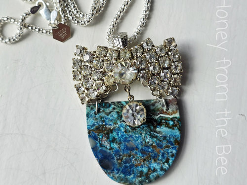 Chrysocolla pendant with vintage rhinestone bow