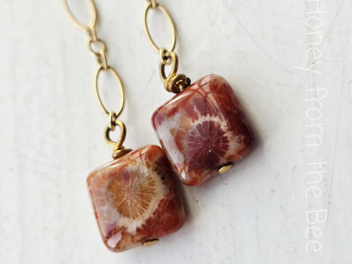 Fall earrings feature fossilized coral agate
