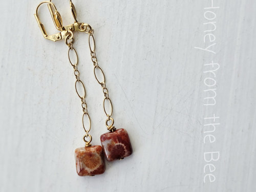 Fossilized coral agate earrings in red and gold