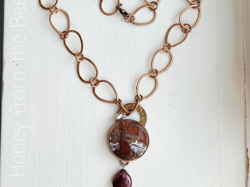Crazy Lace Agate necklace with copper and red pearl
