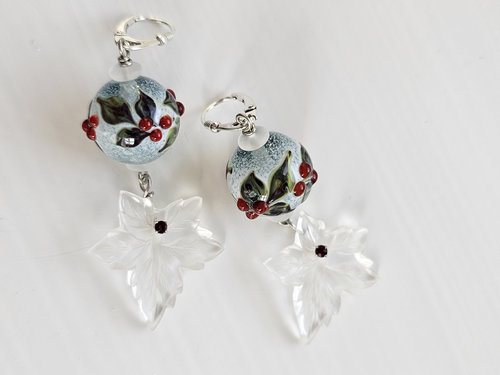 One of a kind winter earrings in white, green and red