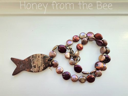 Red Rose and tan necklace features coin pearls and ocean jasper
